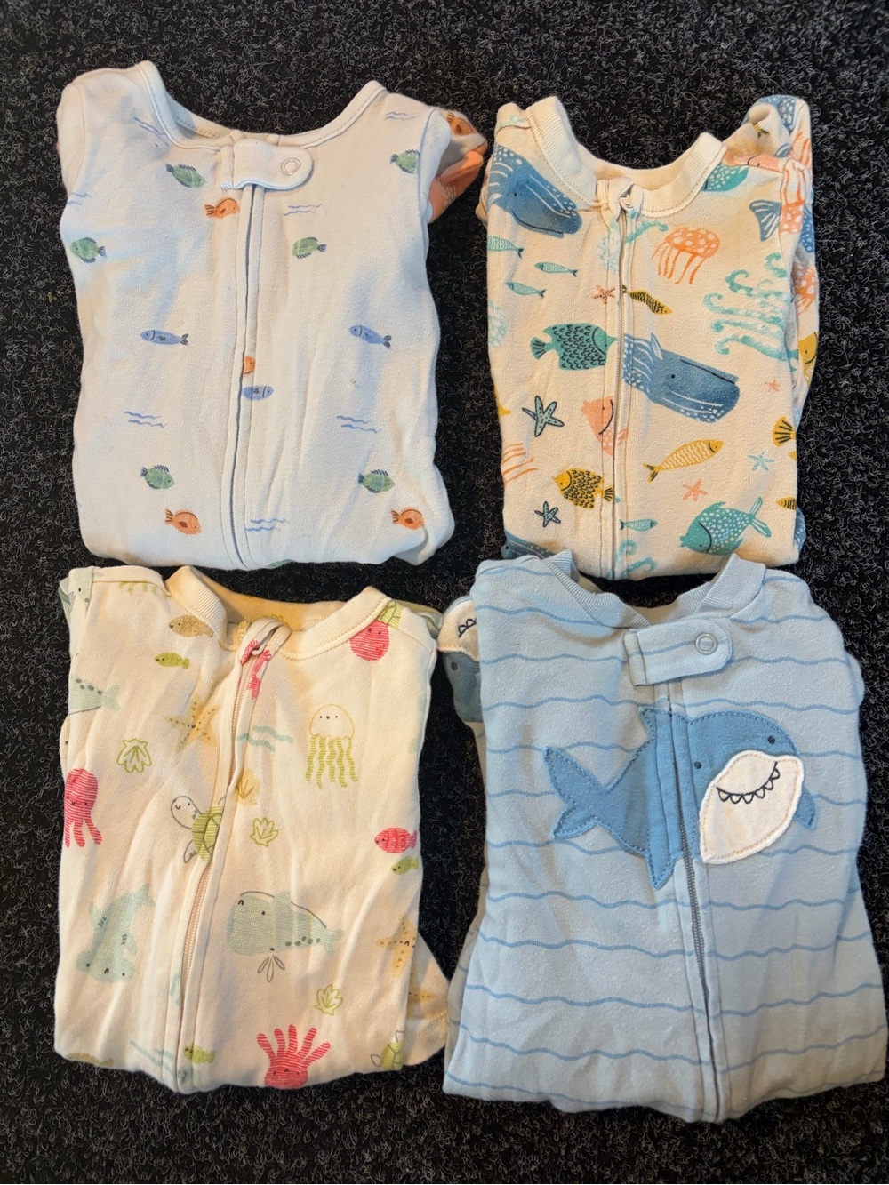 Baby Footed Onesies Set of 4 - Ocean Animals Blue and Cream Zipper Pajamas,0-3m